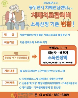 동두천시 치매안심센터, 치매치료관리비 지원사업 소득 산정 기준 변경